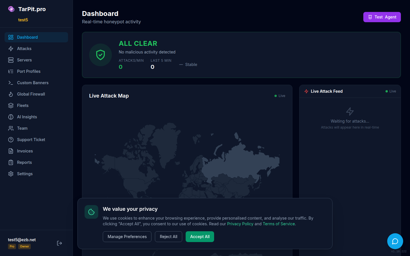 TarPit.pro dashboard showing live attacks
