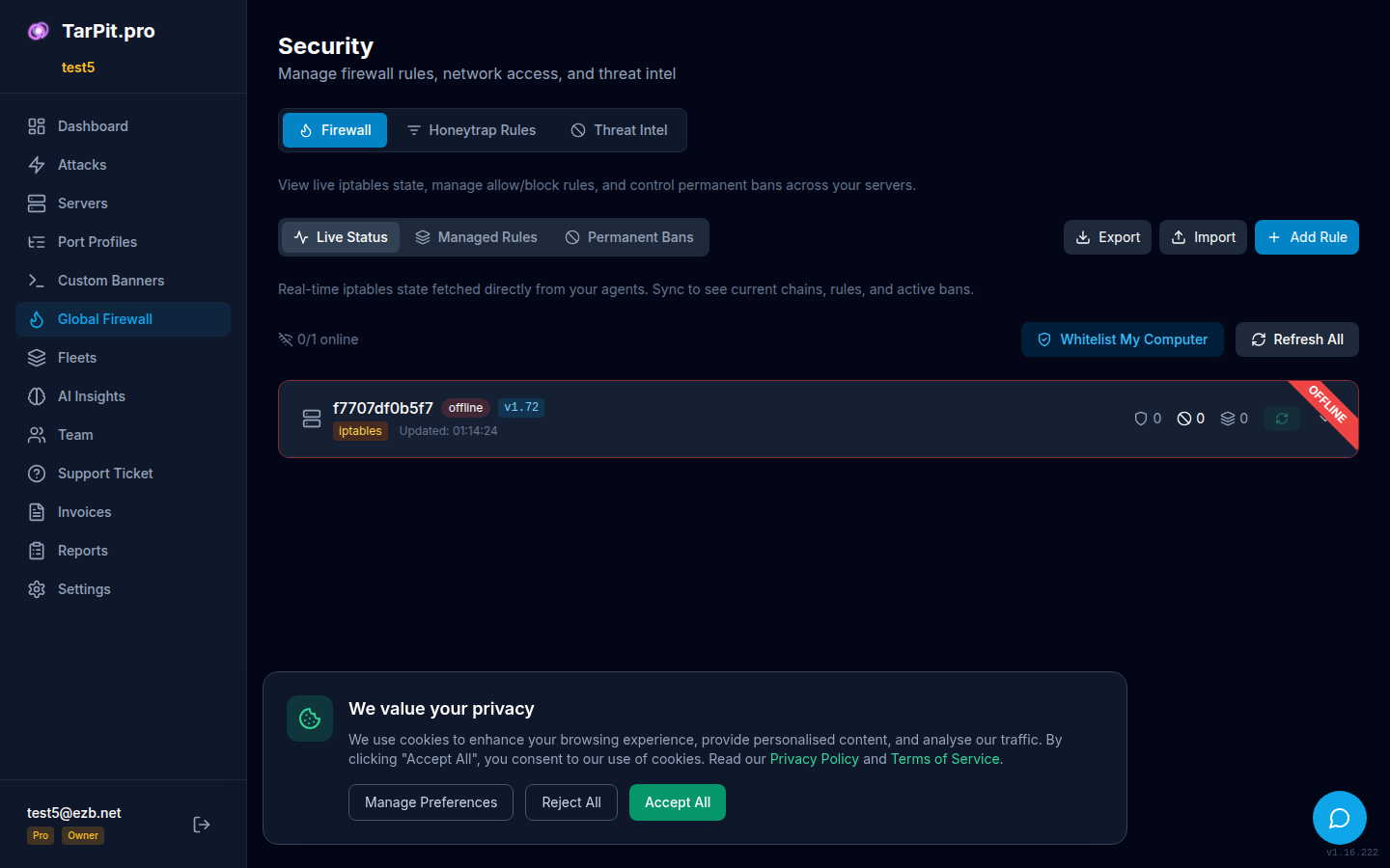 Security page showing banned IPs