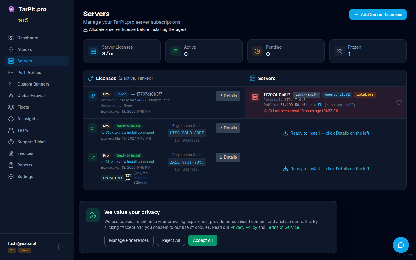 Server list showing registered servers