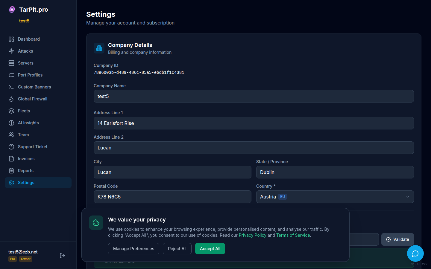 Settings page