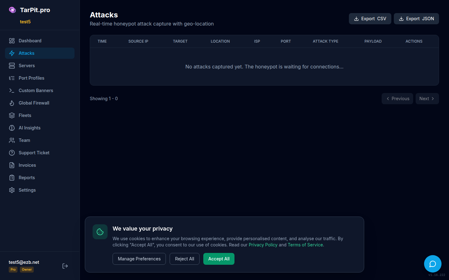 Attack list showing recent attacks