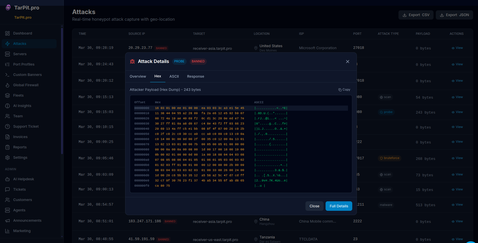 TarPit.pro attack details with geo data and payload hex dump