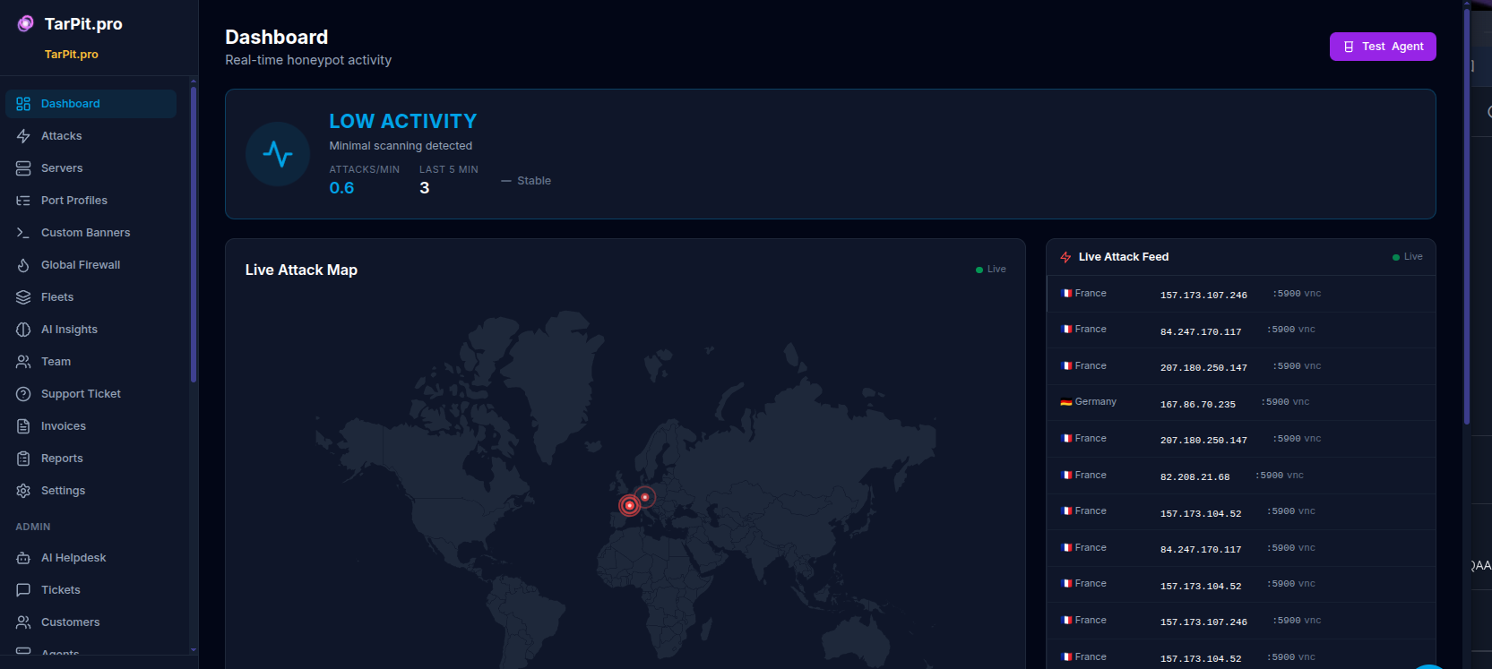 TarPit.pro live attack map showing real-time attacks across servers